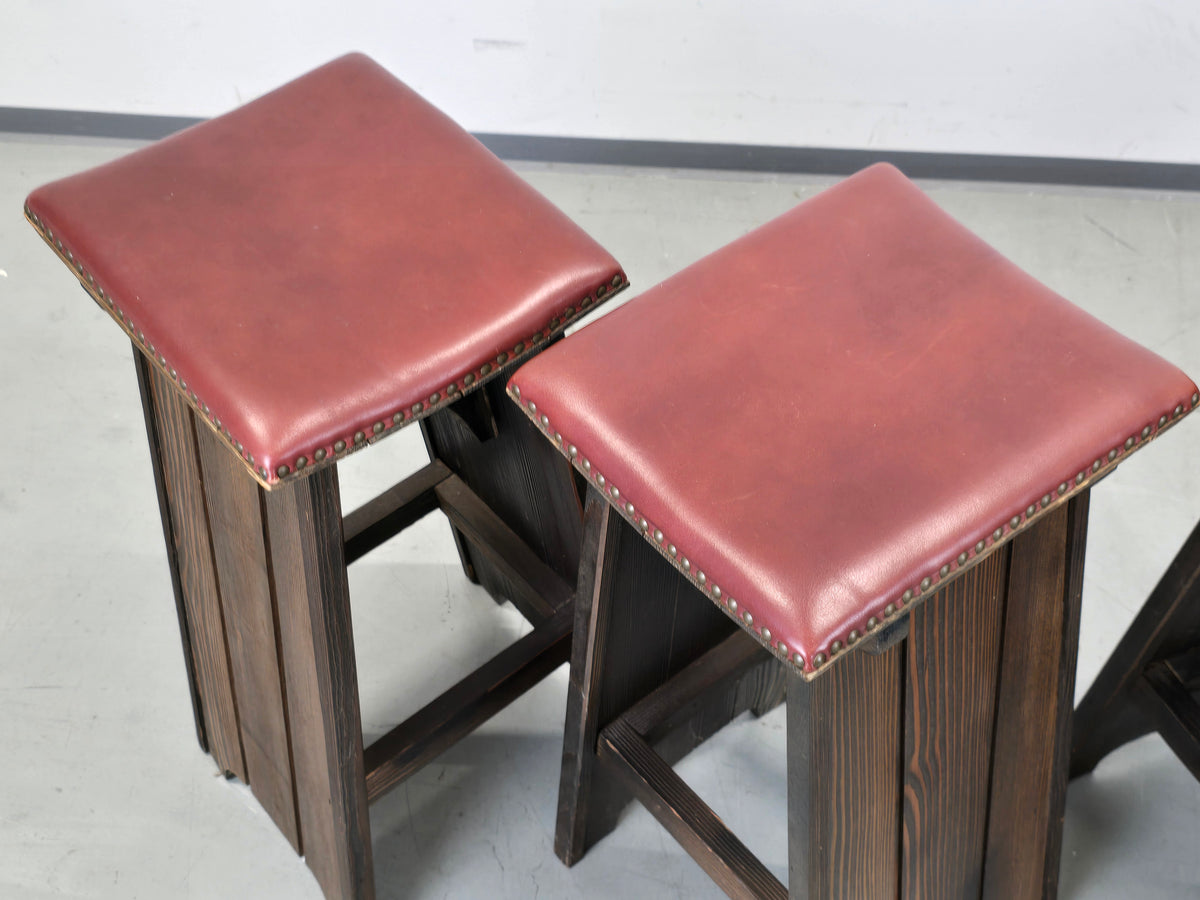 BARHOCKER VINTAGE Brutalismus Leder Holz Hocker Barstuhl Design Stuhl