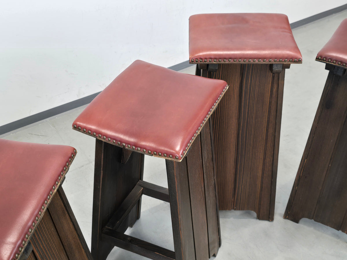 BARHOCKER VINTAGE Brutalismus Leder Holz Hocker Barstuhl Design Stuhl