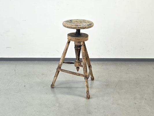 ATELIERHOCKER BILDHAUERHOCKER Dreibein Holz Spindel Vintage Hocker Antik