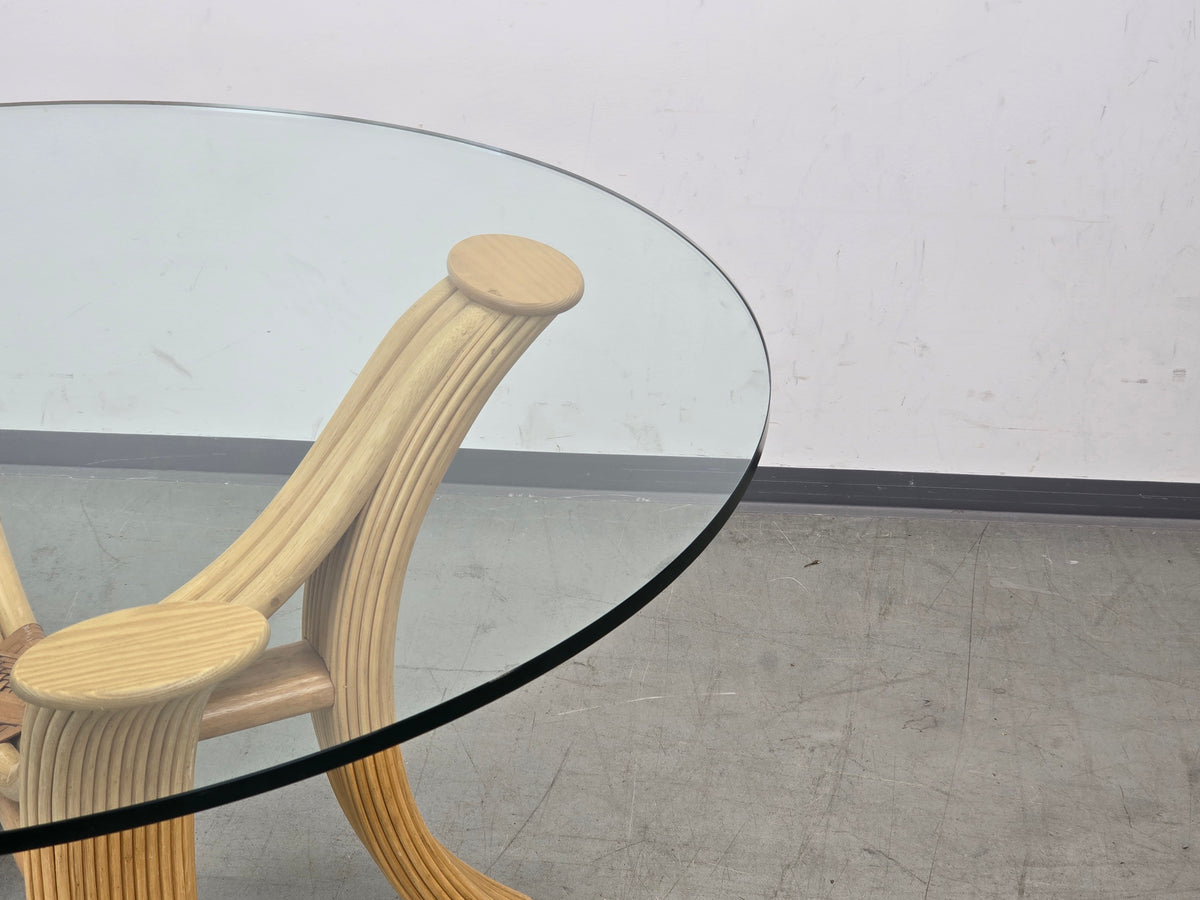 MID CENTURY GLASTISCH RUND Holz Glas 120d Vintage  Esstisch