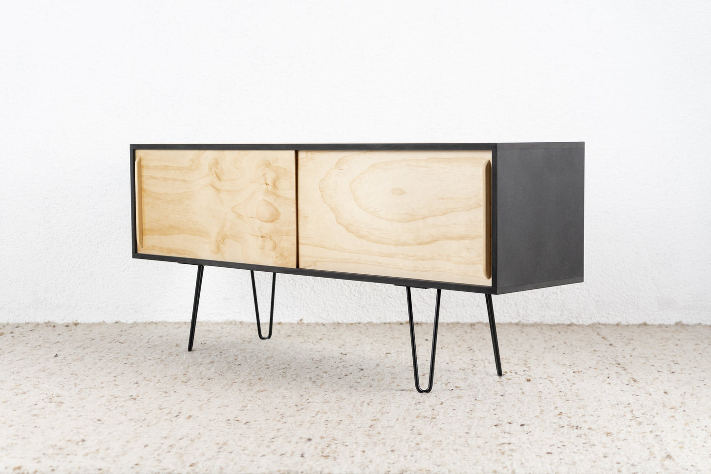 Sideboard Schwarz Holz Vintage Design Tv Kommode Schiebetüren Recyclingmaterial