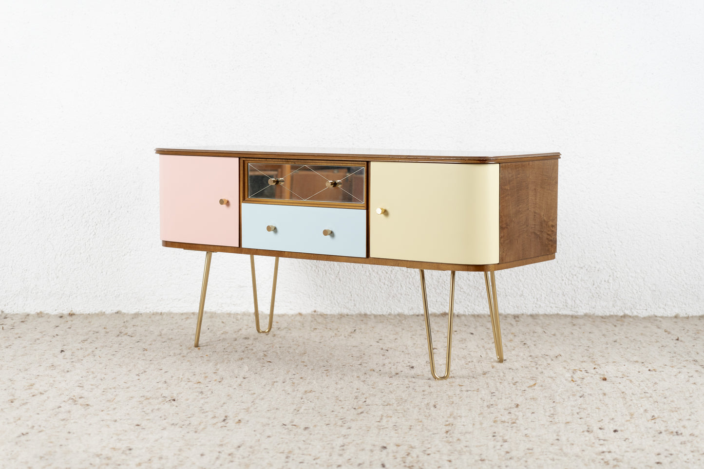 Mid Century 60s Designer Sideboard Vintage Kommode Holz Gold Schubladen 1960er