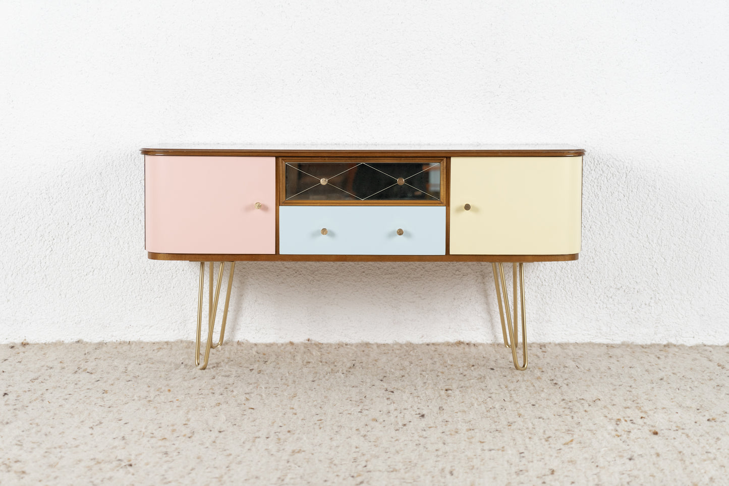 Mid Century 60s Designer Sideboard Vintage Kommode Holz Gold Schubladen 1960er