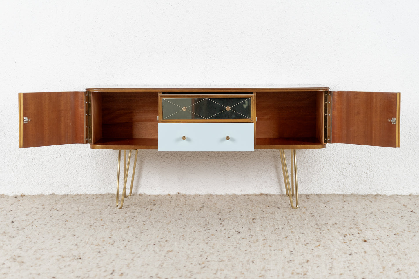 Mid Century 60s Designer Sideboard Vintage Kommode Holz Gold Schubladen 1960er