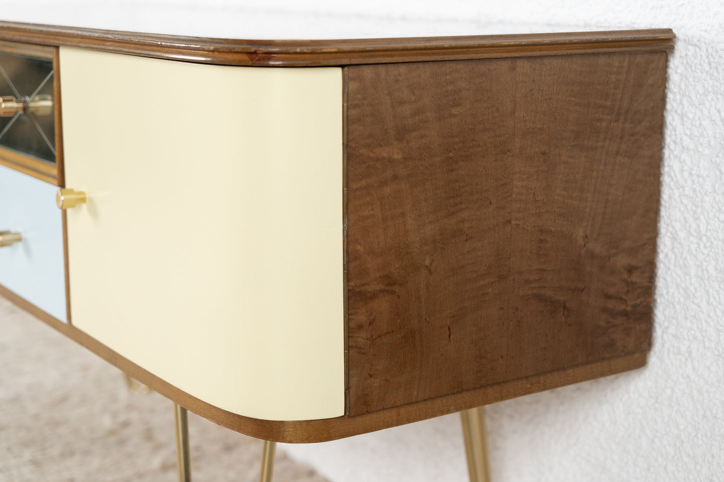 Mid Century 60s Designer Sideboard Vintage Kommode Holz Gold Schubladen 1960er