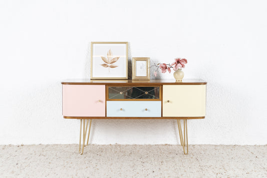 Mid Century 60s Designer Sideboard Vintage Kommode Holz Gold Schubladen 1960er