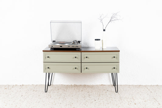 Vintage Low Tv Hifi Bord Kommode Schubladen Holz Grün Sideboard