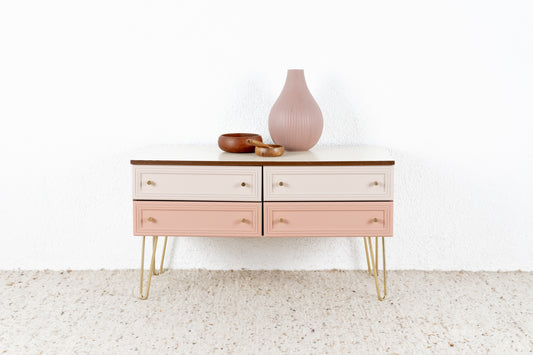 Vintage Kommode Schubladenkommode Sideboard Rosa Altrosa Holz Nuss Gold Lowboard