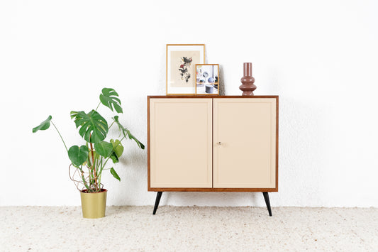 Vintage Sideboard Kommode Schränkchen Holz Nuss Pastell Mid Century Creme