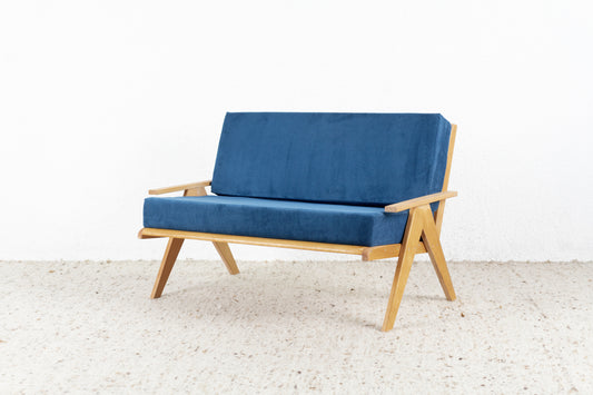 Vintage Sofa Sessel Couch R&F Design Vollholz Zweisitzer Blau Cord Skandi Mid Century