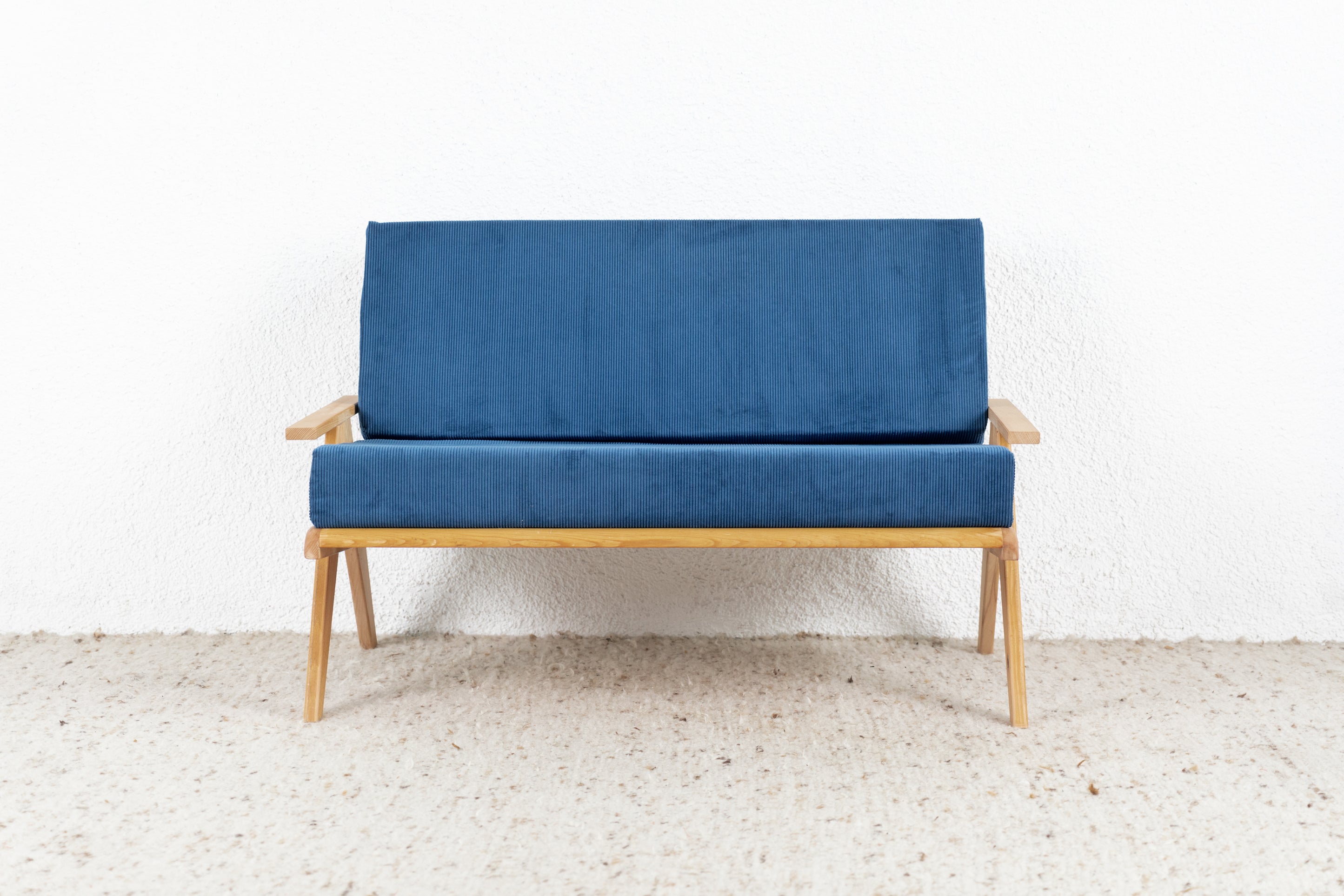 Vintage Sofa Sessel Couch R&F Design Vollholz Zweisitzer Blau Cord Ska