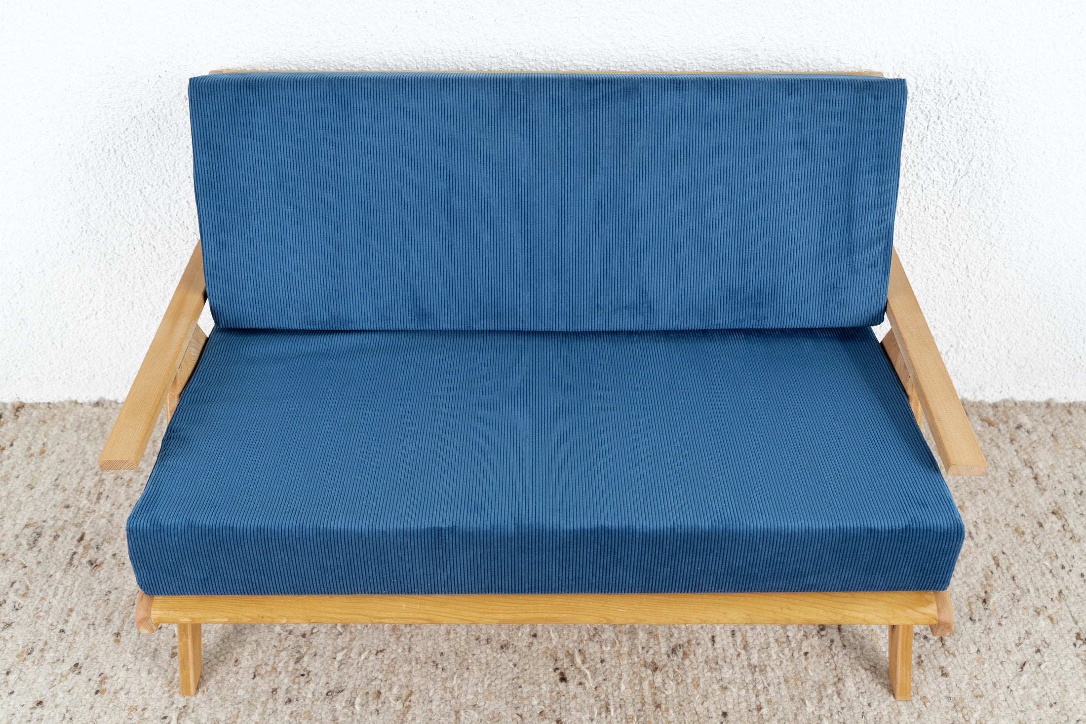 Vintage Sofa Sessel Couch R&F Design Vollholz Zweisitzer Blau Cord Ska