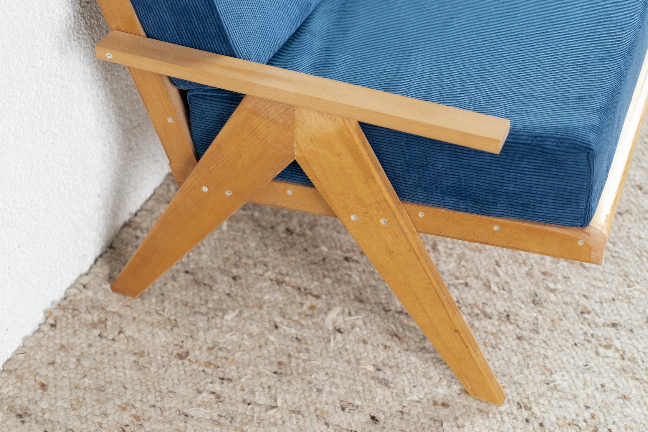 Vintage Sofa Sessel Couch R&F Design Vollholz Zweisitzer Blau Cord Ska