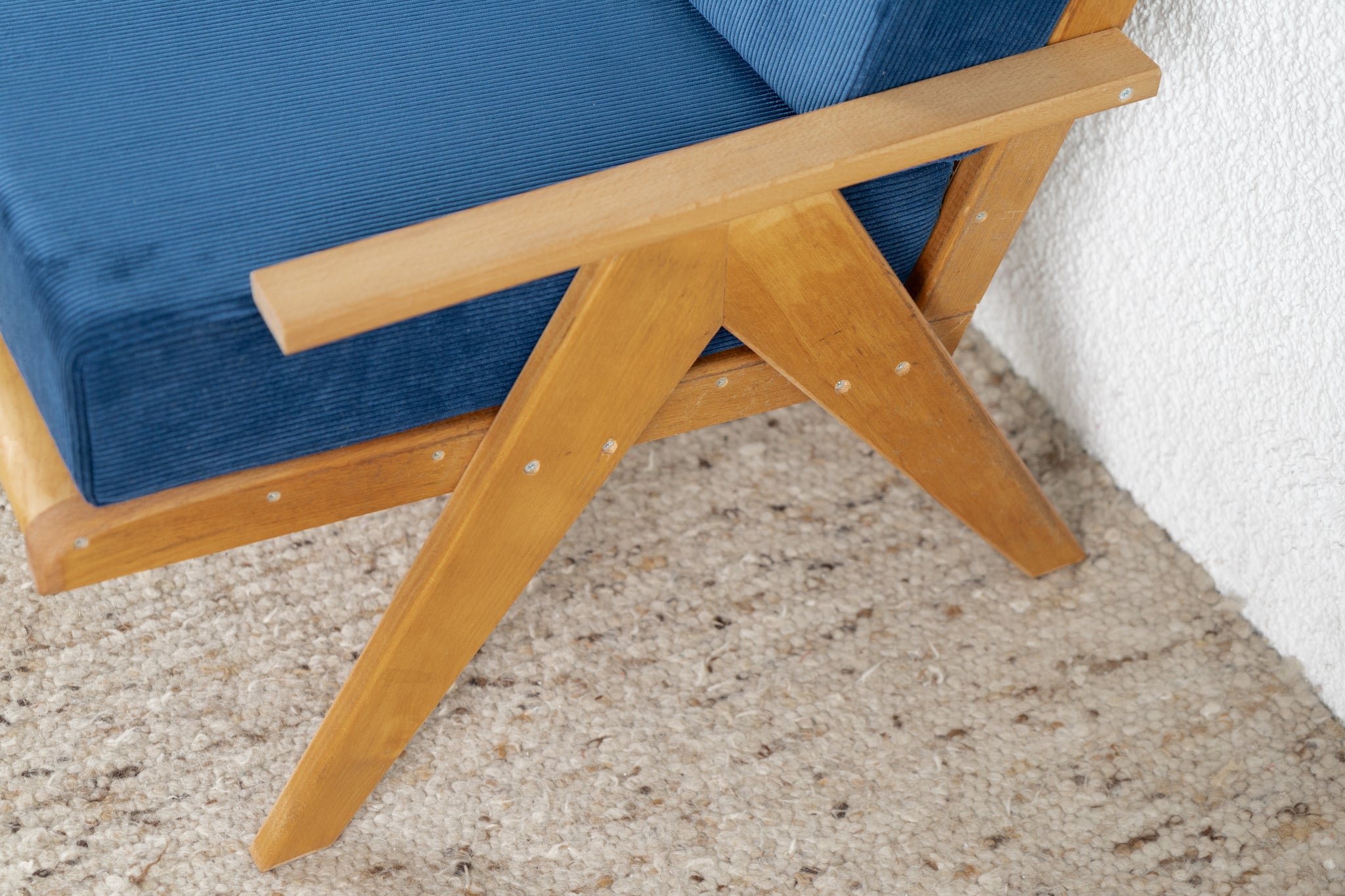 Vintage Sofa Sessel Couch R&F Design Vollholz Zweisitzer Blau Cord Ska