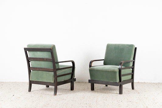 1 von 2 Vintage Sessel Holz Grün Samt Stuhl 60er Armchair