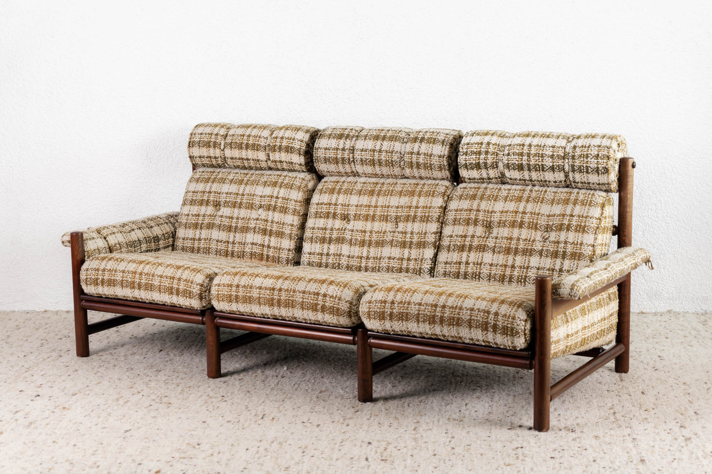 Mid Century Sofa 3 Sitzer Holz Couch Karo Polster Vintage
