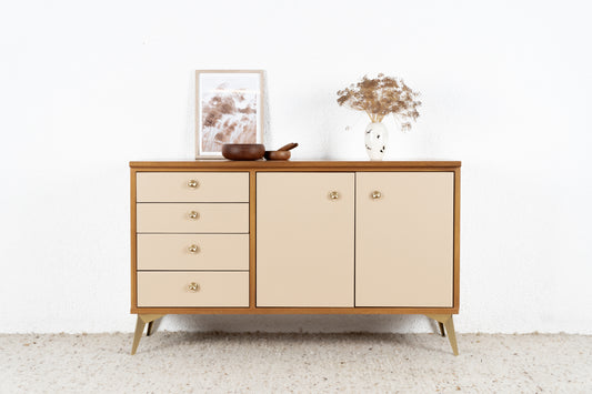 Vintage Sideboard Kommode Creme Holz Gold Mid Century Schubladen