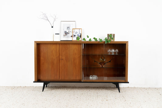 Vintage Sideboard Highboard Vitrine Mid Century Holz Nuss Schrank 1960