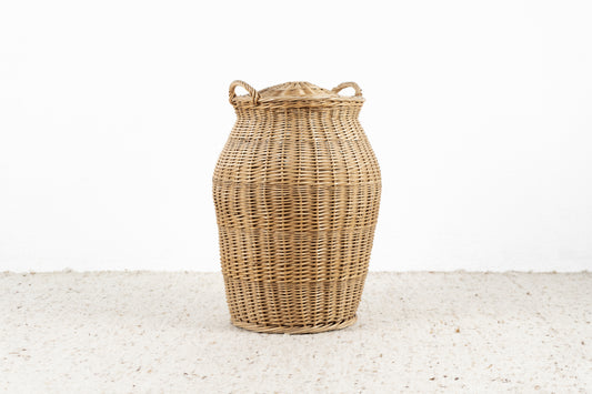 Vintage Rattan Korb Wäschekorb mit Deckel Rund