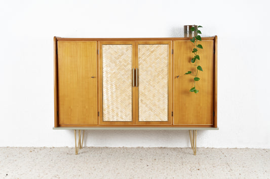 Vintage Sideboard Highboard Mid Century Holz Geflecht