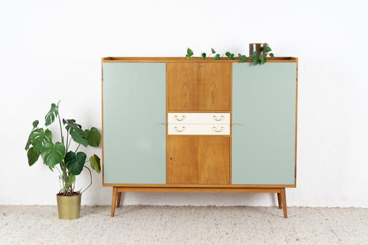 Vintage Sideboard Highboard Schrank Mid Century Holz Kirsch Schubladen Bar