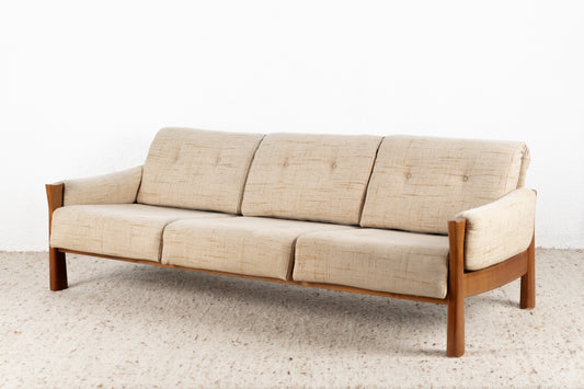 Vintage Sofa Couch Massivholz Beige Mid Century Dreisitzer 3er Nuss Holz