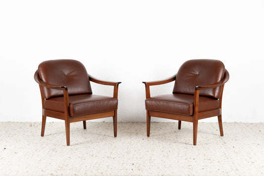1 von 2 Vintage Knoll Sessel Holz Leder Braun Wilhelm Mid Century Lounge Stuhl Armchair