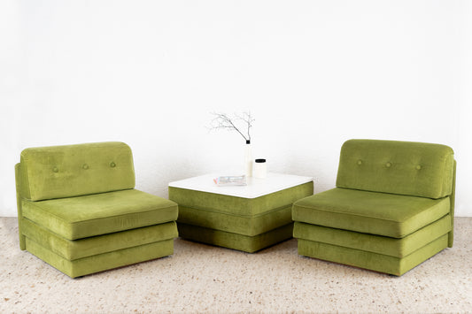 Vintage Sofa Couch Schlafsofa Samt Grün Mid Century Zweisitzer Couchtisch
