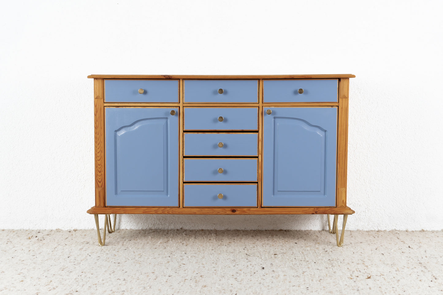 Vintage Sideboard Highboard Wohnzimmer Mid Century Holz Kiefer Schubladen Blau