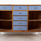 Vintage Sideboard Highboard Wohnzimmer Mid Century Holz Kiefer Schubladen Blau