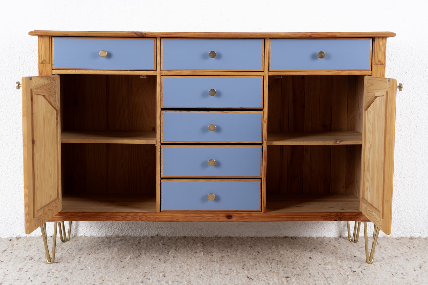 Vintage Sideboard Highboard Wohnzimmer Mid Century Holz Kiefer Schubladen Blau