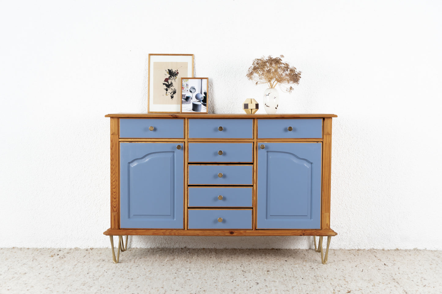 Vintage Sideboard Highboard Wohnzimmer Mid Century Holz Kiefer Schubladen Blau