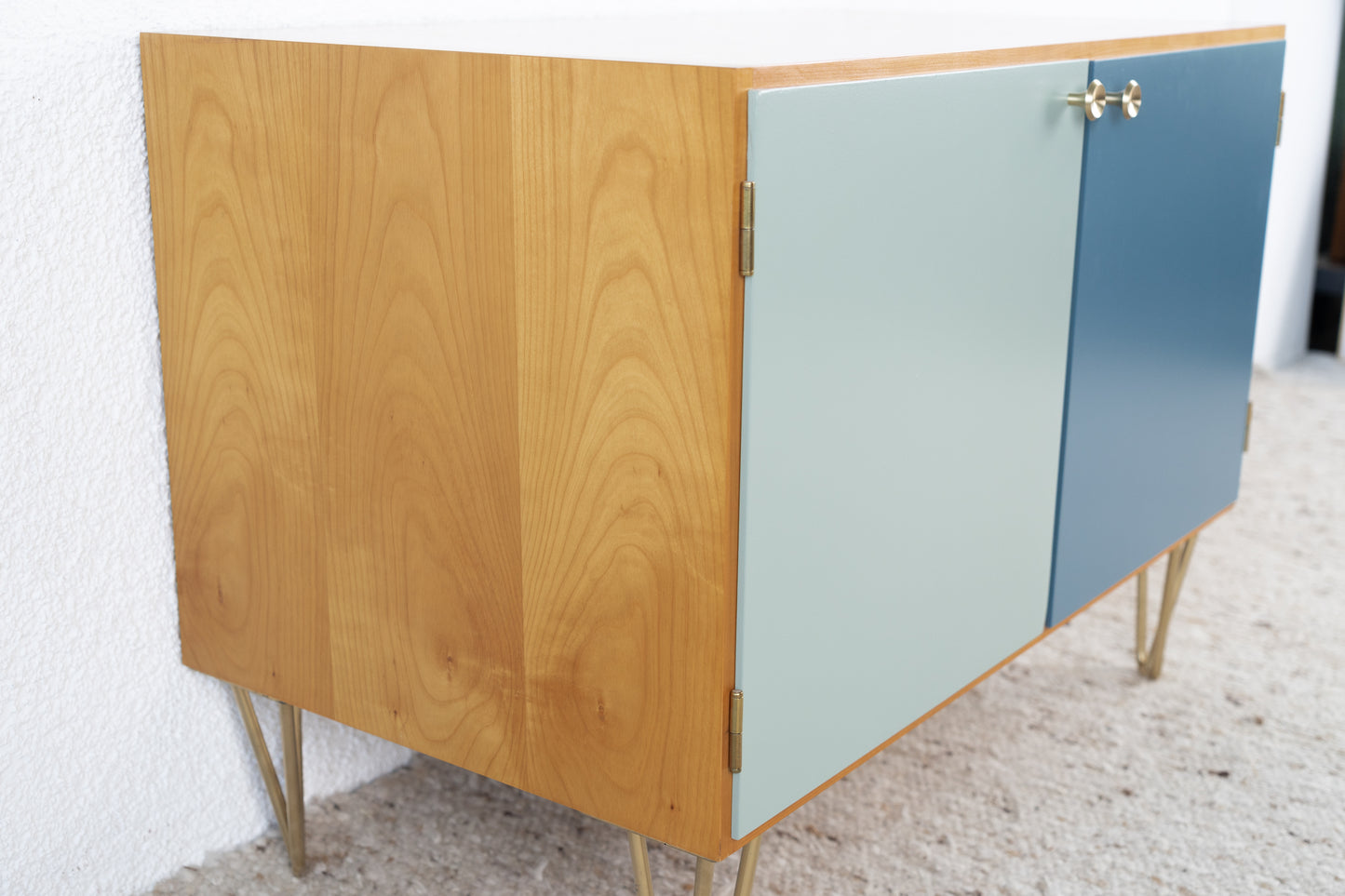 Vintage Kommode Sideboard Mid Century Holz Kirsch Salbei Blau Tv Board 60s 1960er