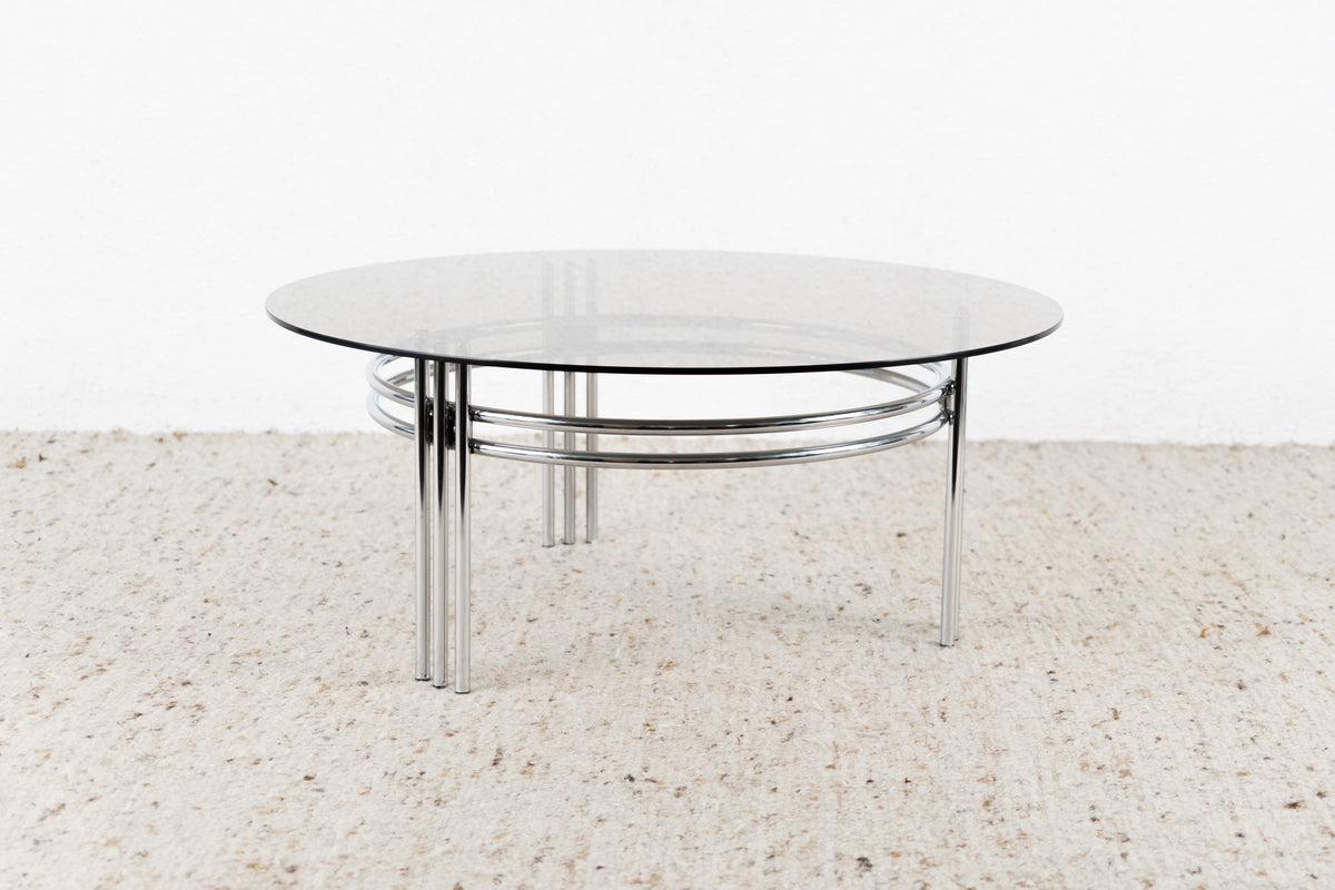 Vintage Glastisch Rund Rauchglas Couchtisch Wohnzimmer Chrom