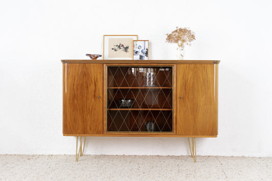 Mid Century Highboard Nuss Schrank Sideboard Vitrine