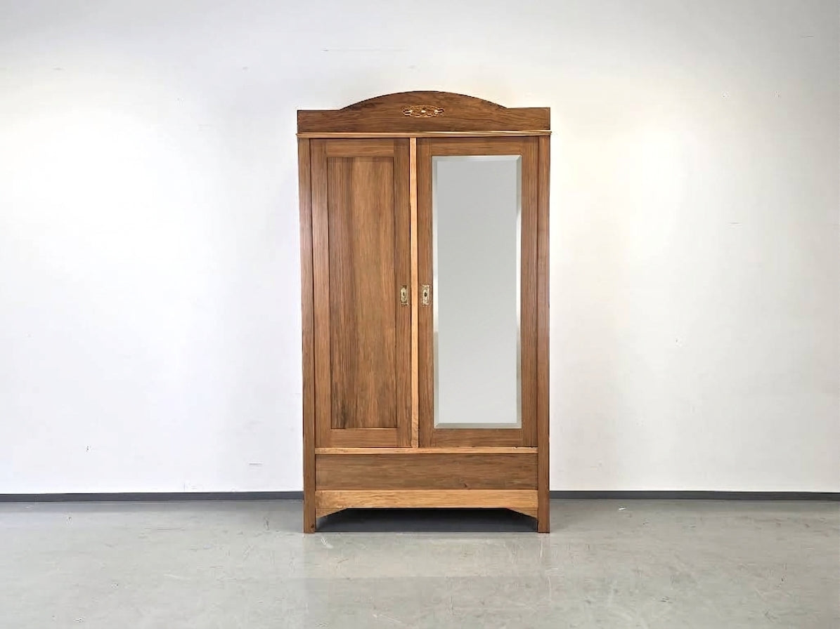 JUGENDSTIL KLEIDERSCHRANK Nussbaum Antik Spiegelschrank Intarsie 1920