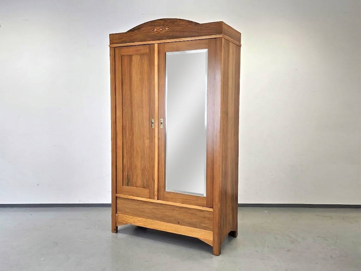 JUGENDSTIL KLEIDERSCHRANK Nussbaum Antik Spiegelschrank Intarsie 1920