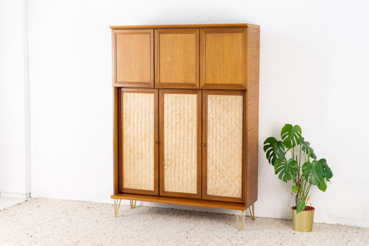 Schrank Mid Century Geflecht Nuss Holz Kleiderschrank Kommode Wohnzimmer