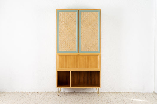 MID CENTURY Sekretär Highboard Nussbaum Geflecht Vintage Schrank 60er